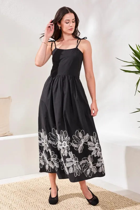 Poplin Midi Dress With Embroidered Hem and Tie Straps-Black made by Tribal