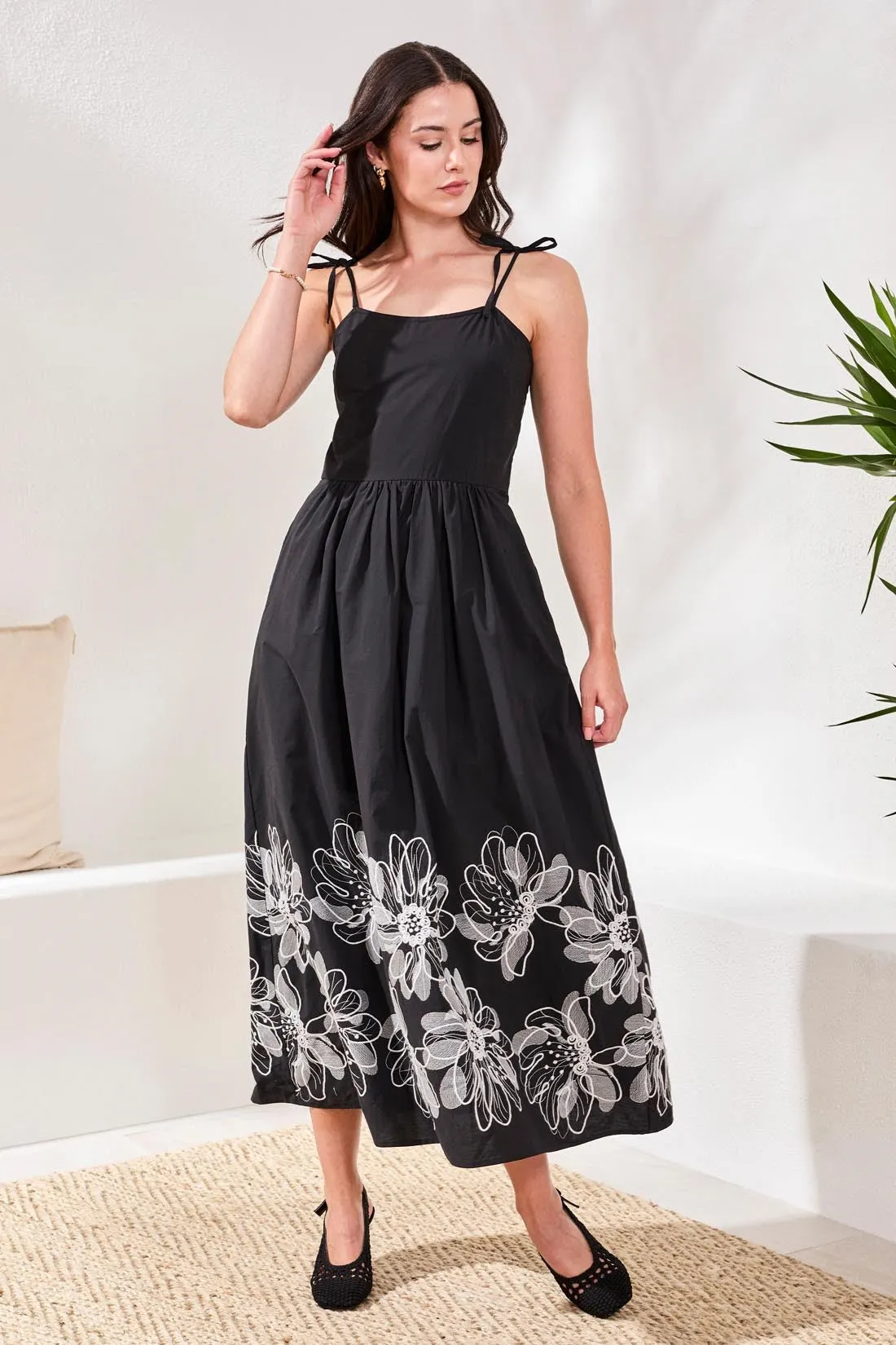 Poplin Midi Dress With Embroidered Hem and Tie Straps-Black sold by Tribal