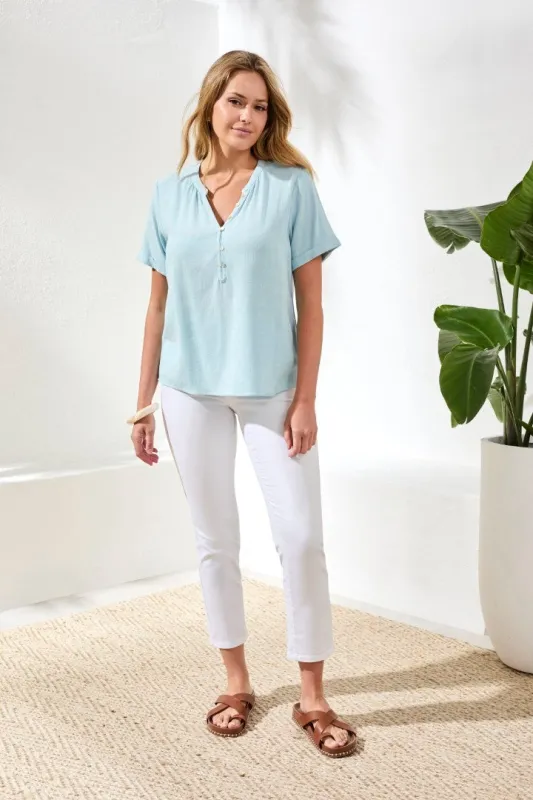 Linen Notch Neck Relaxed Fit Top-Ltaquasky made by Tribal