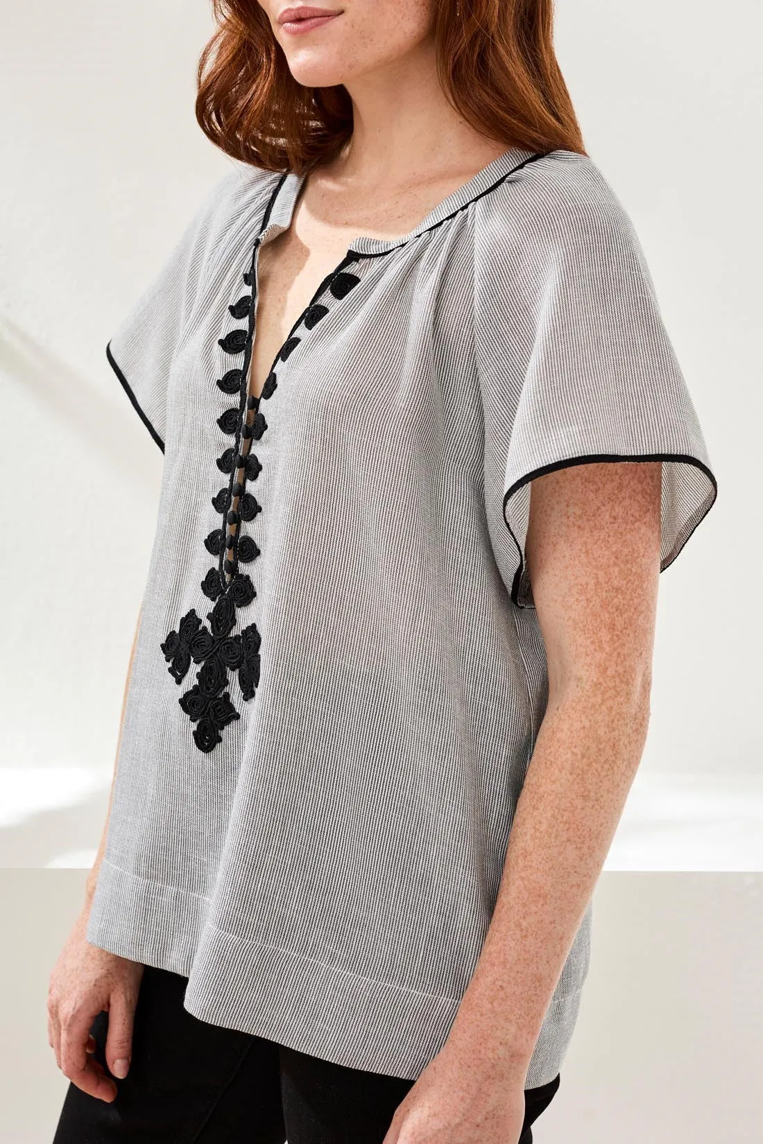 Flutter Sleeve Embroidered Detail Notch Neck Blouse-Black sold by Tribal product image thumbnail 2