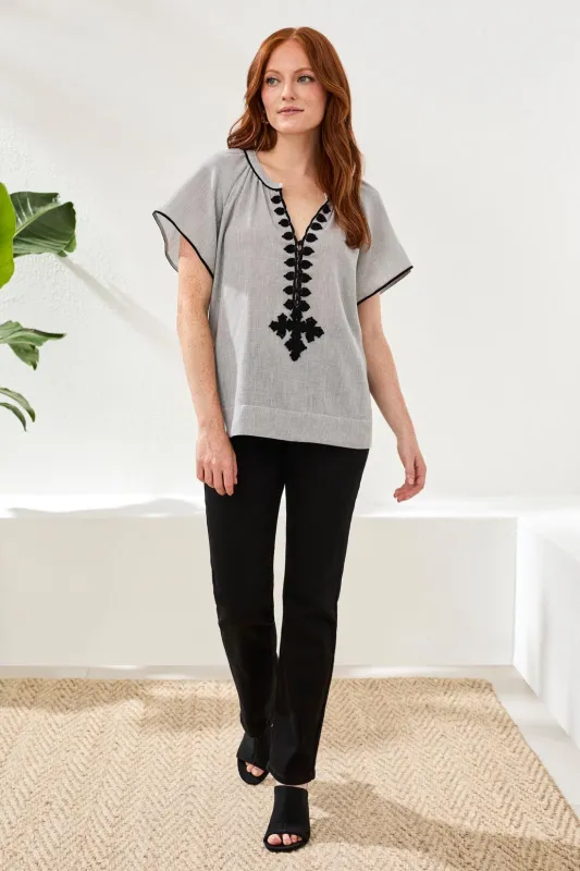 Flutter Sleeve Embroidered Detail Notch Neck Blouse-Black made by Tribal