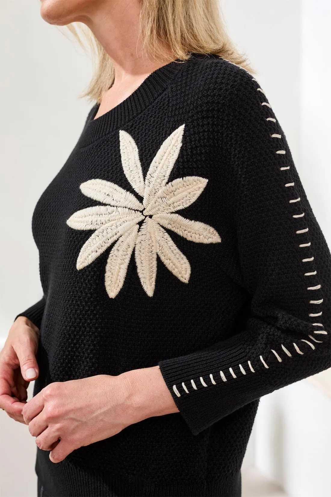 Jacquard 3/4 Sleeve Sunburst Crewneck Sweater-Black sold by Tribal product image thumbnail 2