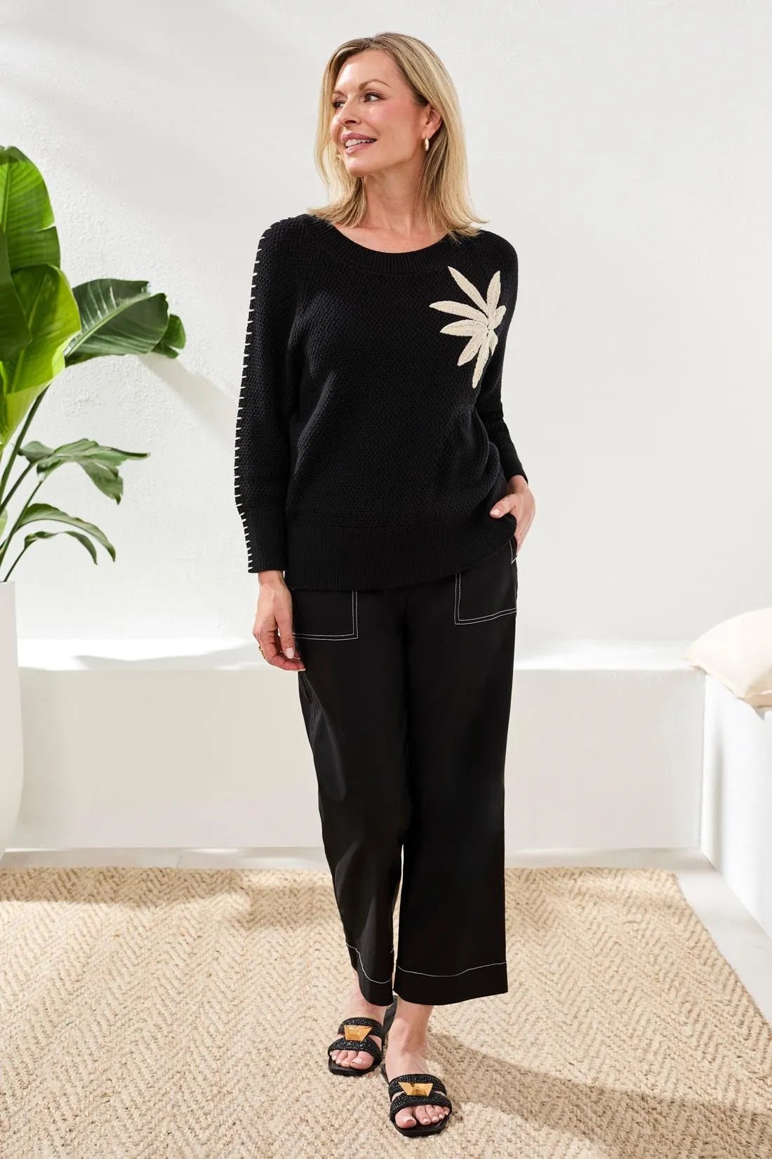 Jacquard 3/4 Sleeve Sunburst Crewneck Sweater-Black sold by Tribal product image thumbnail 3