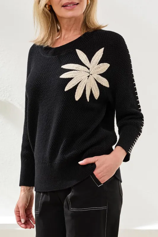 Jacquard 3/4 Sleeve Sunburst Crewneck Sweater-Black made by Tribal