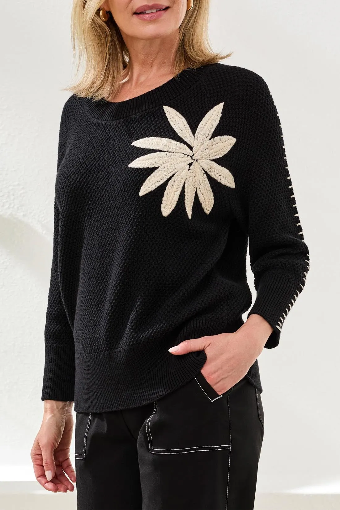 Jacquard 3/4 Sleeve Sunburst Crewneck Sweater-Black sold by Tribal