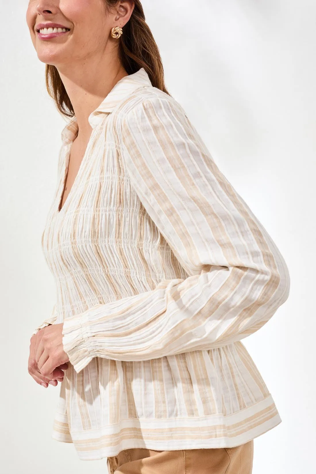Crinkled U‑Neck Long Sleeve Smocked Blouse-Sesame sold by Tribal product image thumbnail 3
