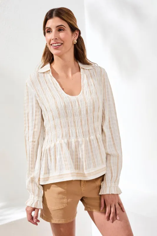 Crinkled U‑Neck Long Sleeve Smocked Blouse-Sesame made by Tribal