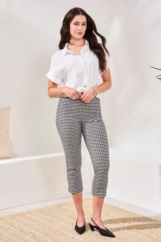Gingham Bengaline Side Slit Capri Pants-Black made by Tribal