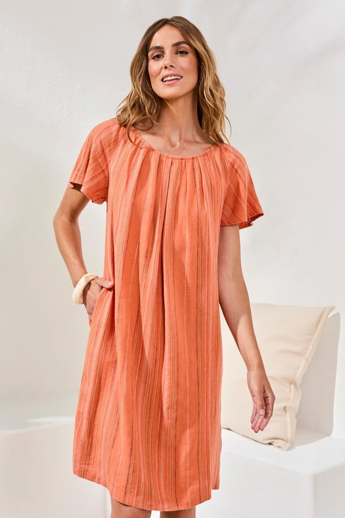 Textured Linen Lace-Up Back Flutter-Sleeve Mini Dress-Guavablush sold by Tribal product image thumbnail 4