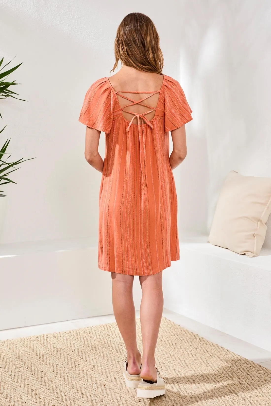 Textured Linen Lace-Up Back Flutter-Sleeve Mini Dress-Guavablush sold by Tribal product image thumbnail 2