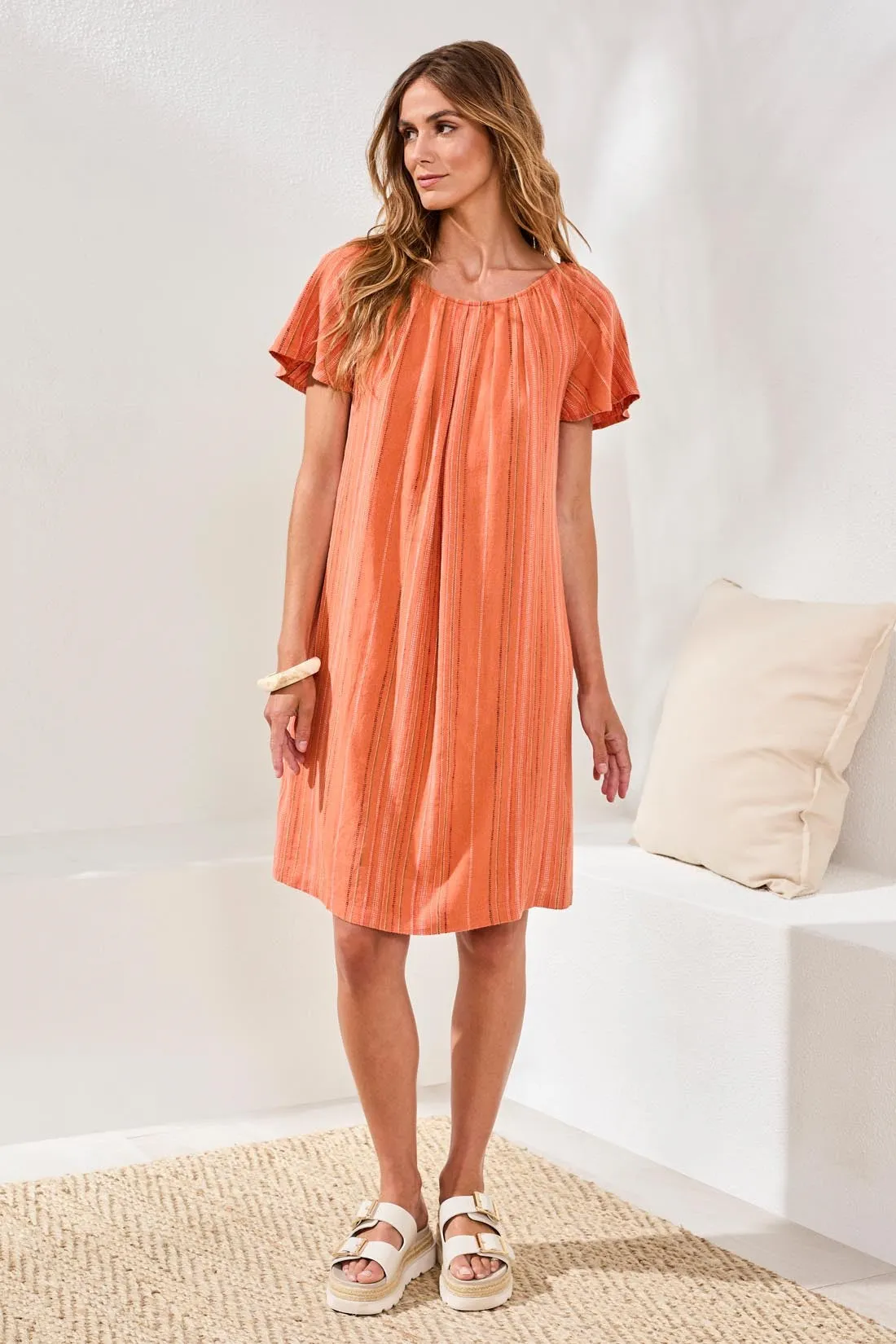 Textured Linen Lace-Up Back Flutter-Sleeve Mini Dress-Guavablush sold by Tribal