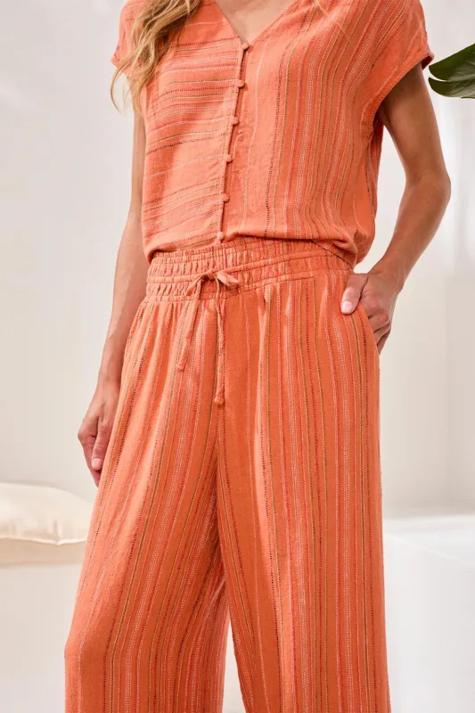 Textured Linen Flowy Wide Leg Pants With Elastic Waist-Guavablush made by Tribal