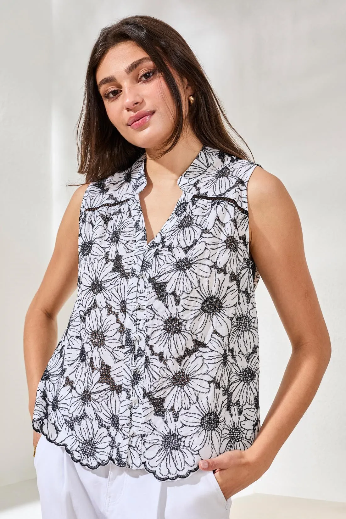 Embroidered Floral Button‑Up Top-White/black sold by Tribal product image thumbnail 3