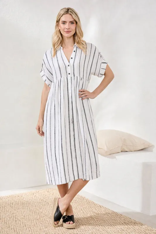 Soft Linen Button‑Front Midi Dress-White/black made by Tribal