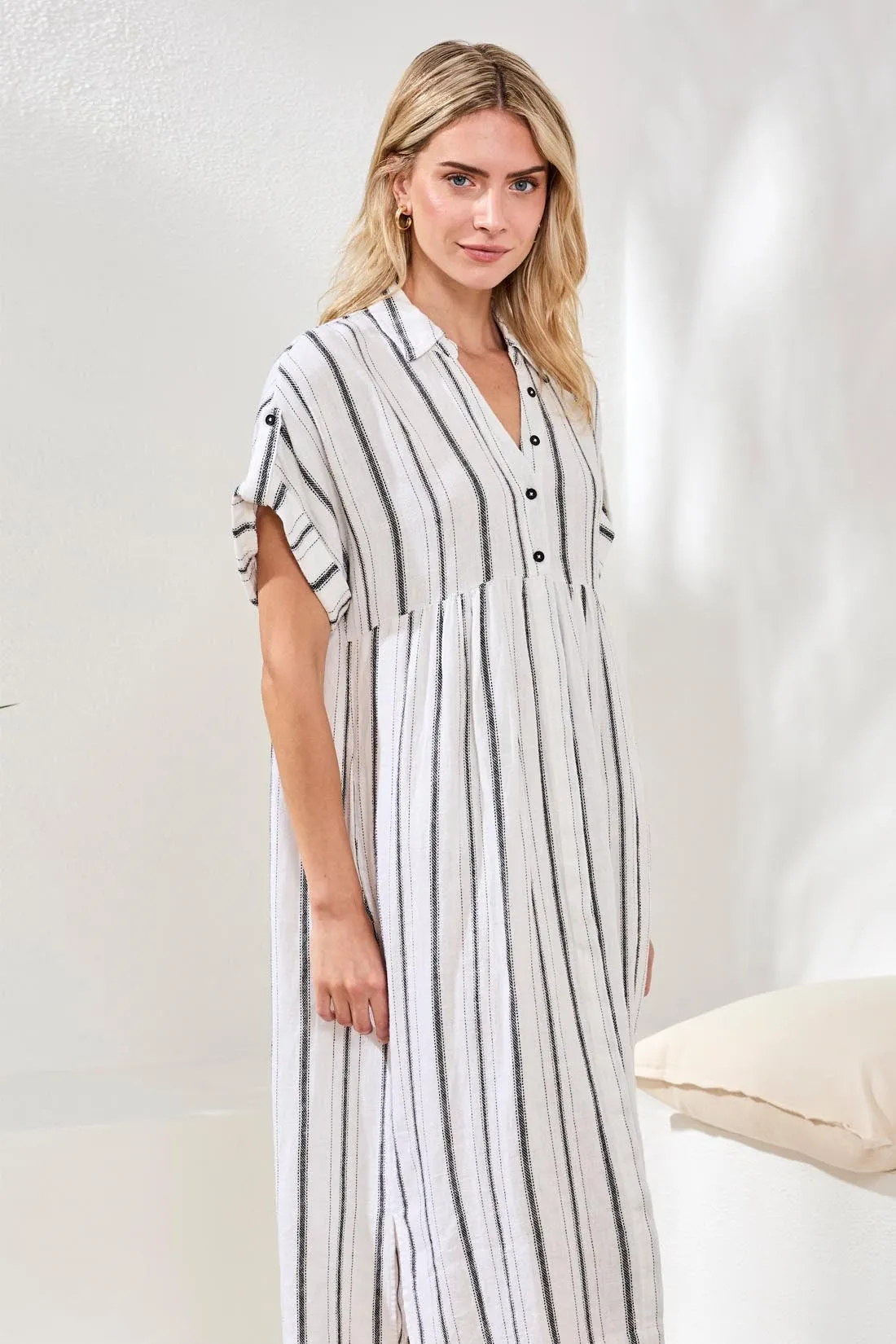 Soft Linen Button‑Front Midi Dress-White/black sold by Tribal product image thumbnail 3