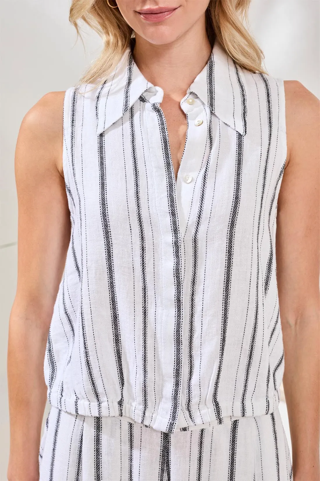Soft Linen Button‑Front Elastic Hem Collared Top-White/black sold by Tribal product image thumbnail 3