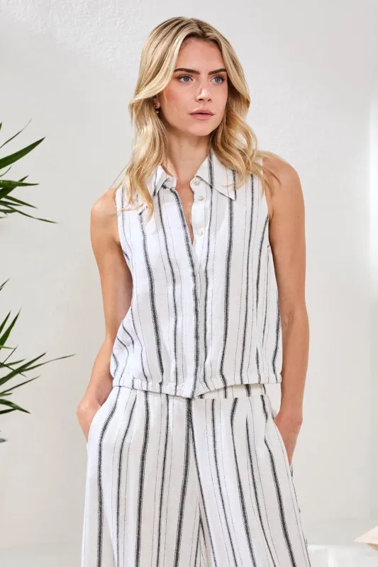 Soft Linen Button‑Front Elastic Hem Collared Top-White/black made by Tribal