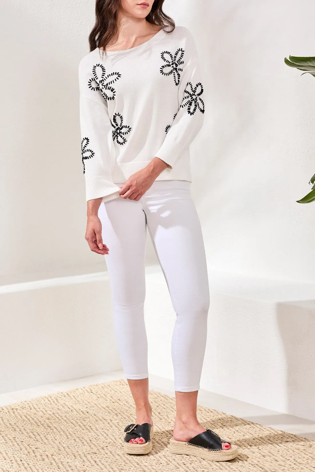 Embroidered 3/4 Sleeve Crew Neck Sweater-White sold by Tribal product image thumbnail 2
