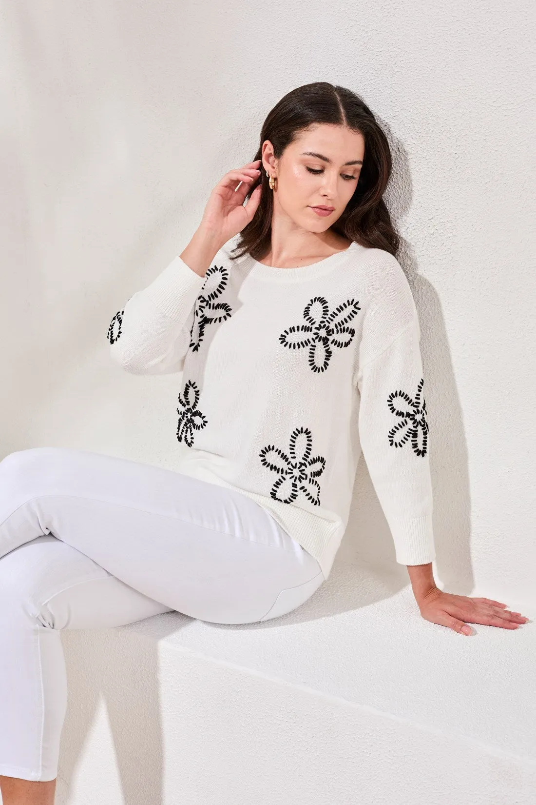 Embroidered 3/4 Sleeve Crew Neck Sweater-White sold by Tribal product image thumbnail 3