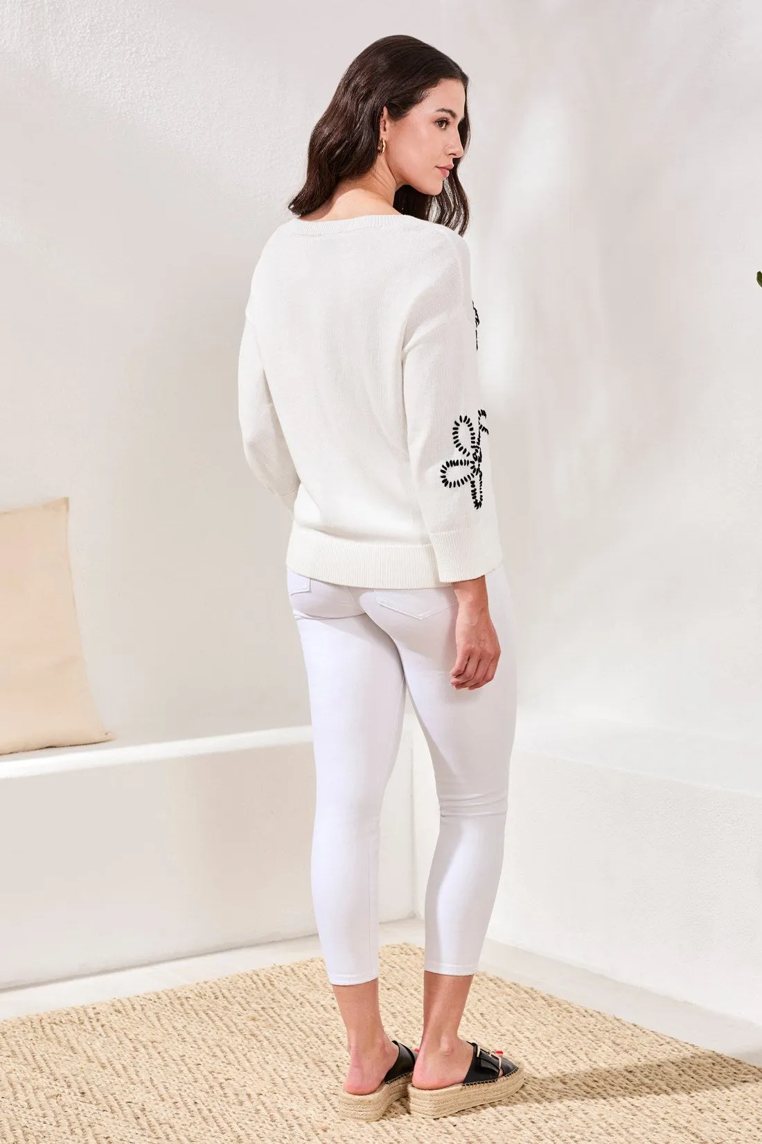 Embroidered 3/4 Sleeve Crew Neck Sweater-White sold by Tribal product image thumbnail 4