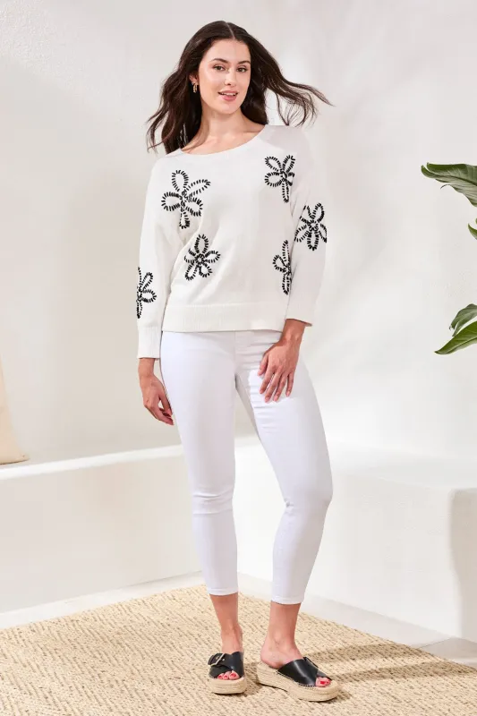 Embroidered 3/4 Sleeve Crew Neck Sweater-White made by Tribal