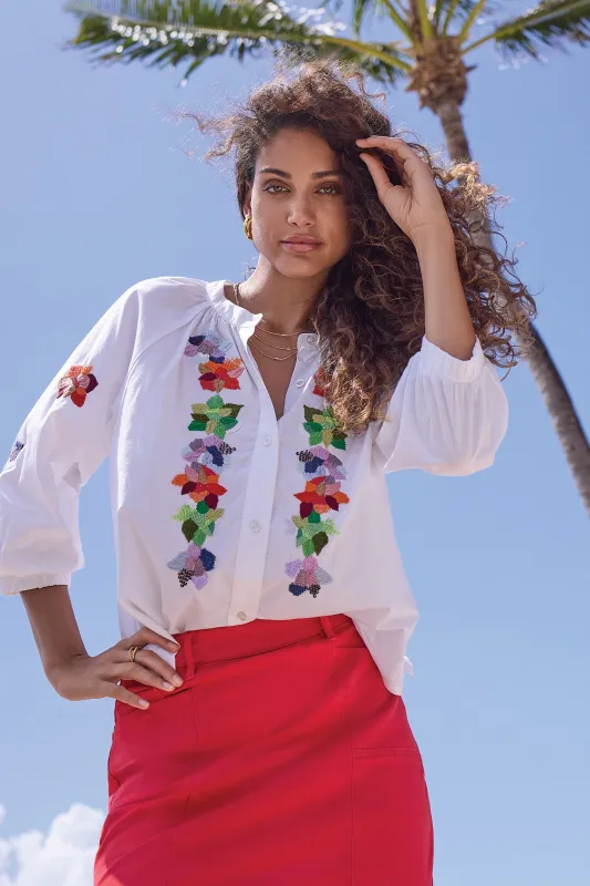 Embroidered Poplin 3/4 Sleeve Notch Neck Blouse-White made by Tribal