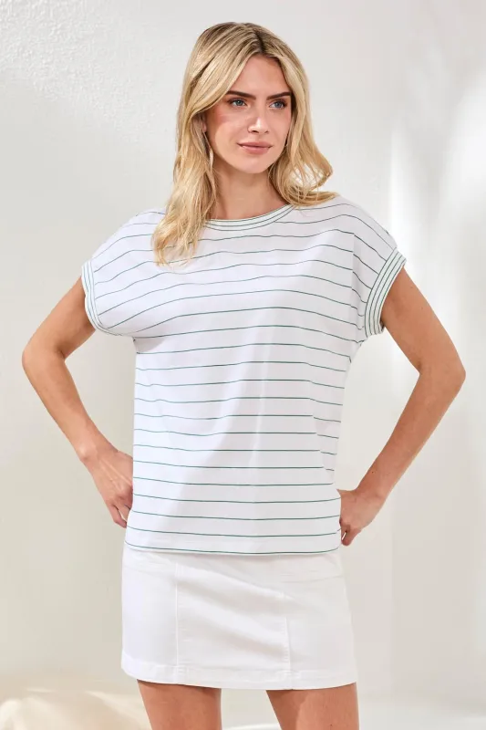 Stripe Jersey Cap Sleeve Crew Neck Top-Grass made by Tribal