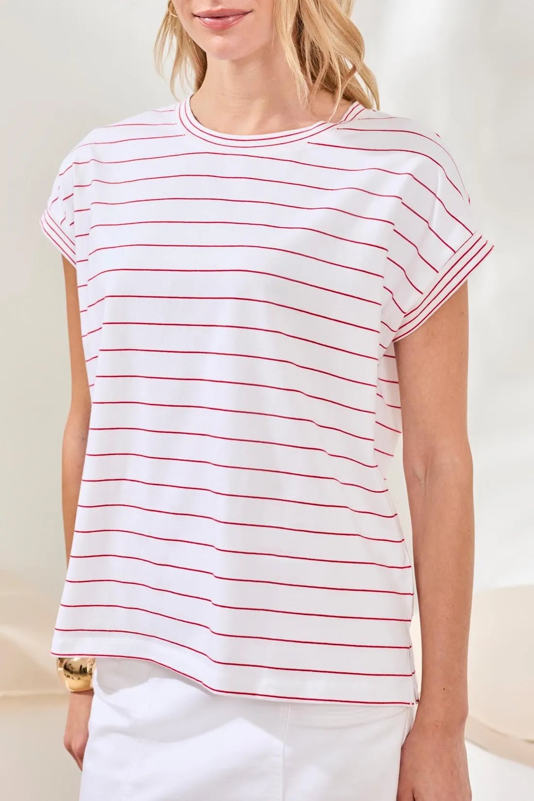 Stripe Jersey Cap Sleeve Crew Neck Top-Sangria sold by Tribal product image thumbnail 3