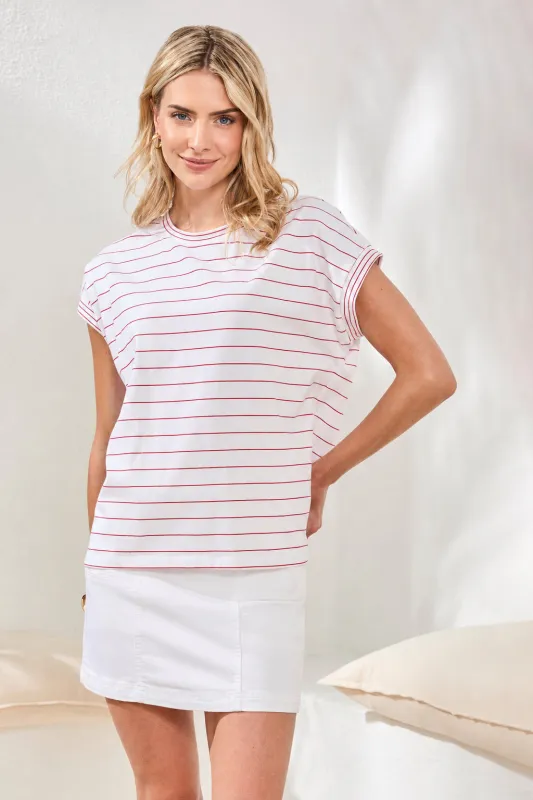 Stripe Jersey Cap Sleeve Crew Neck Top-Sangria made by Tribal