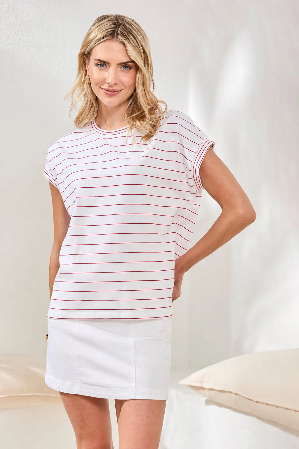 Stripe Jersey Cap Sleeve Crew Neck Top-Sangria sold by Tribal