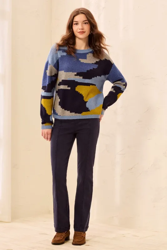 Soft Intarsia Crew Neck Drop Shoulder Knit Sweater-Blue fog made by Tribal