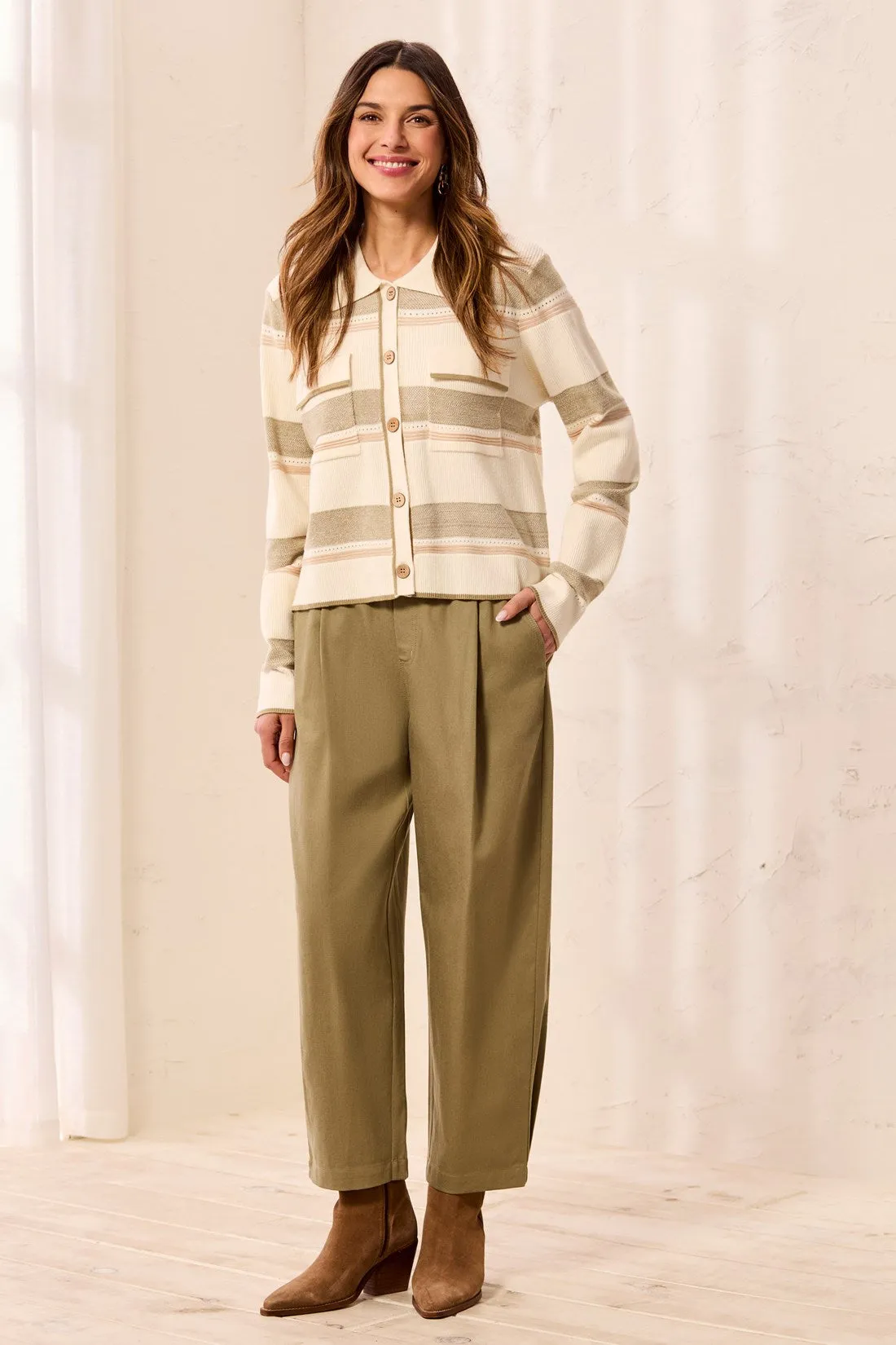 Soft Twill Pleated Barrel Wide Leg Ankle Pants-Aloe sold by Tribal