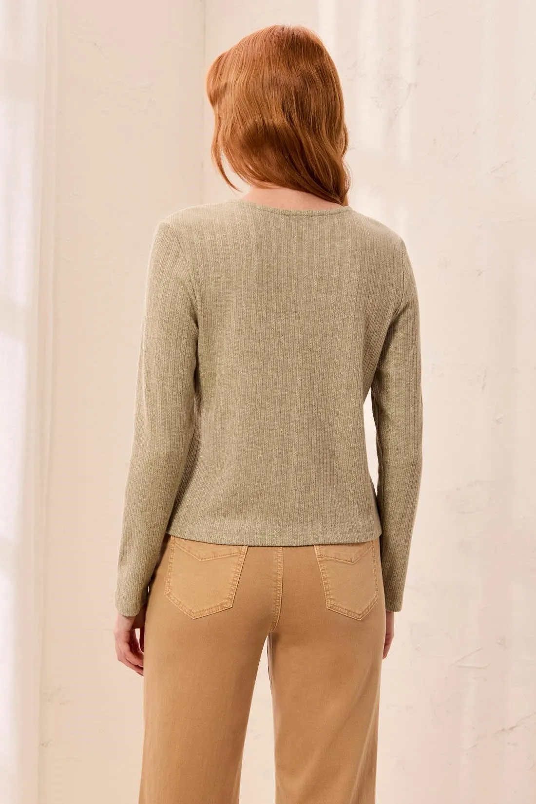 Soft Textured Crew Neck Button-Front Long Sleeve Knit Top-Aloe sold by Tribal product image thumbnail 3