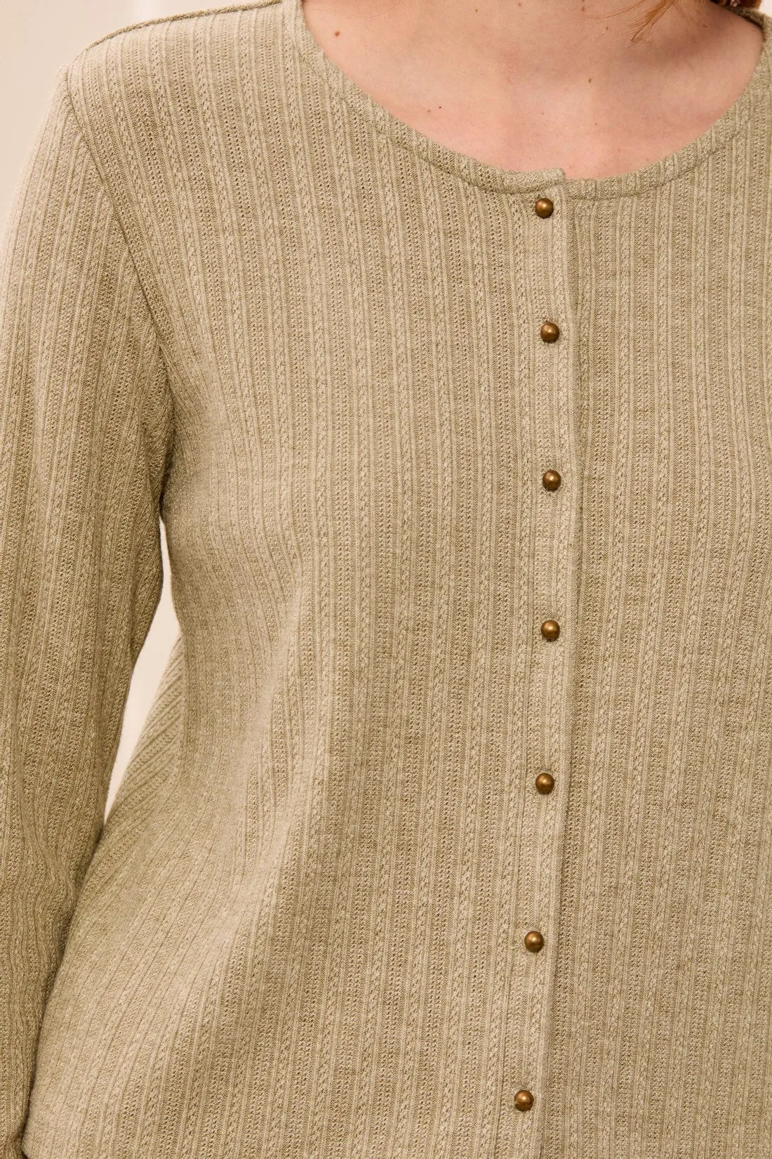 Soft Textured Crew Neck Button-Front Long Sleeve Knit Top-Aloe sold by Tribal product image thumbnail 4
