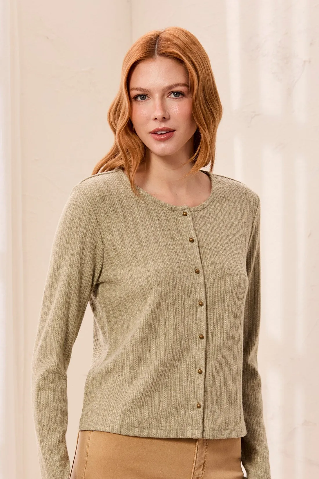 Soft Textured Crew Neck Button-Front Long Sleeve Knit Top-Aloe sold by Tribal product image thumbnail 2