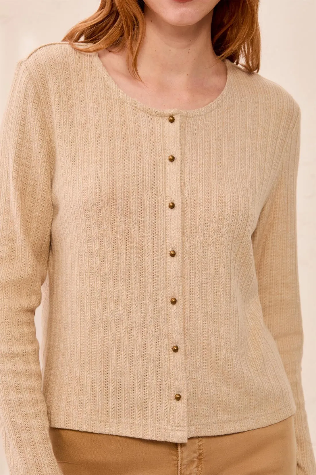 Soft Textured Crew Neck Button-Front Long Sleeve Knit Top-Oatmeal sold by Tribal product image thumbnail 3