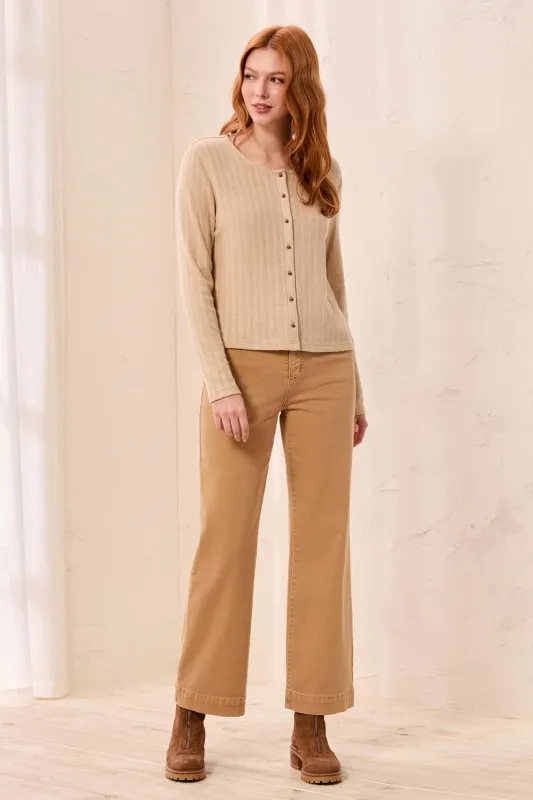 Soft Textured Crew Neck Button-Front Long Sleeve Knit Top-Oatmeal made by Tribal