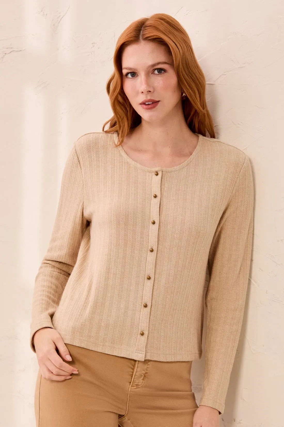 Soft Textured Crew Neck Button-Front Long Sleeve Knit Top-Oatmeal sold by Tribal product image thumbnail 2