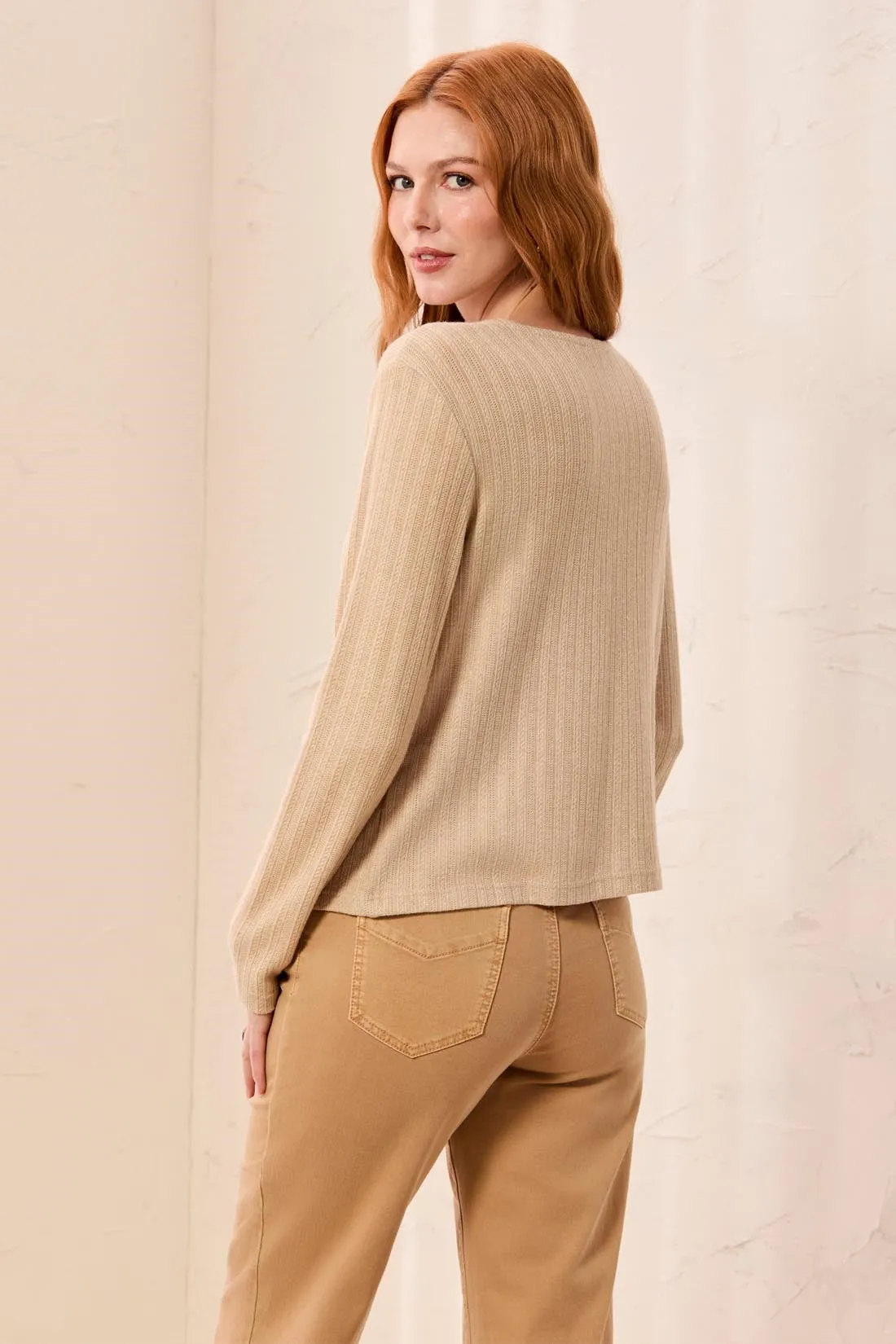 Soft Textured Crew Neck Button-Front Long Sleeve Knit Top-Oatmeal sold by Tribal product image thumbnail 4