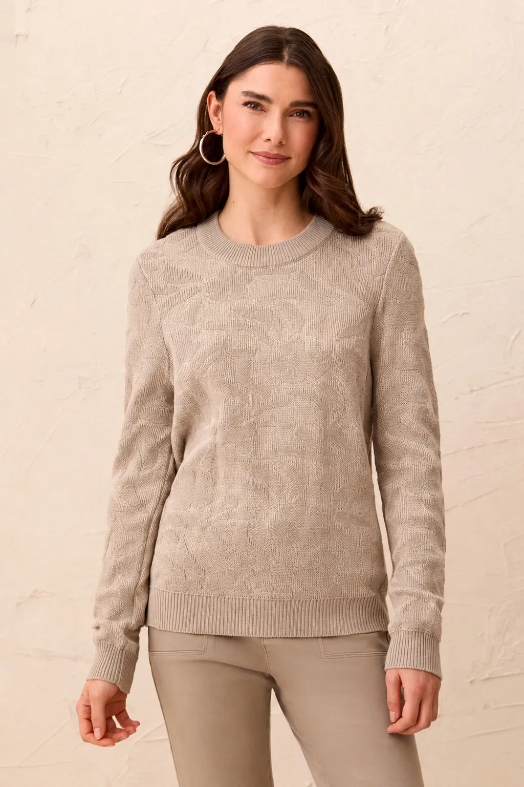 Textured Jacquard Floral Crew Neck Knit Sweater-Dry sand sold by Tribal