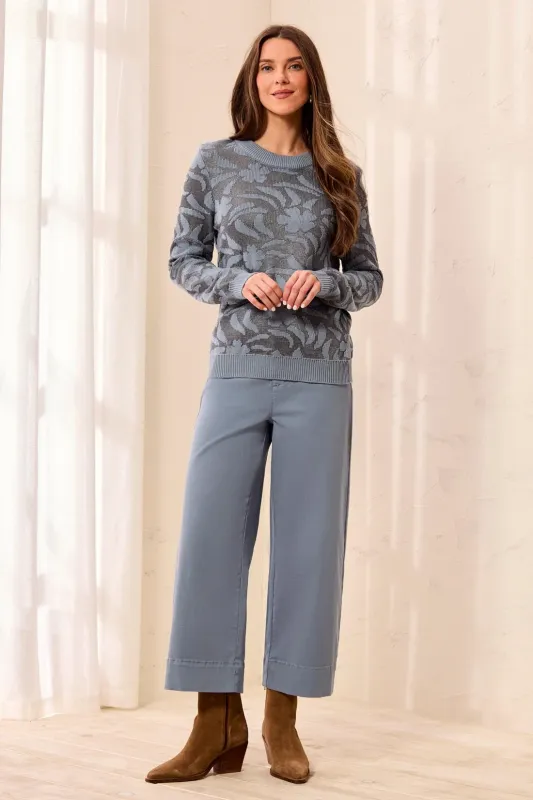 Textured Jacquard Floral Crew Neck Knit Sweater-Blue fog made by Tribal
