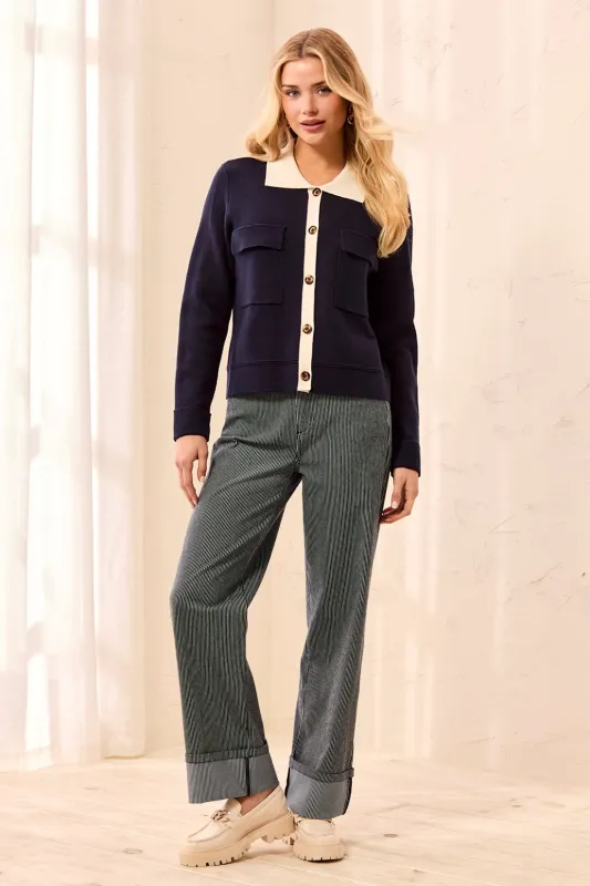 Double knit Long Sleeve Button-Front Collared Cardigan-Sapphire made by Tribal
