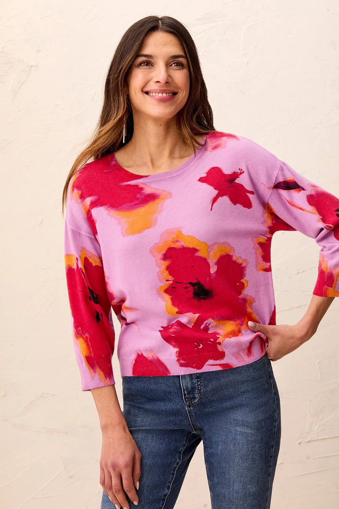 Soft Yarn Three-Quarter Sleeve Crewneck Sweater-Pansy sold by Tribal