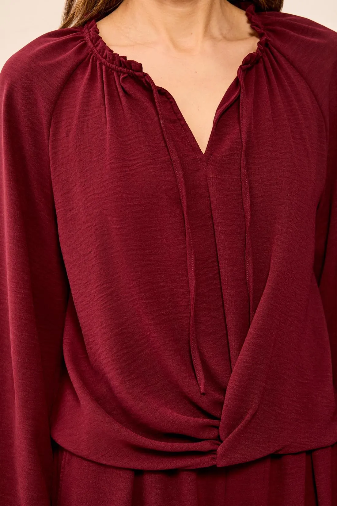 Flowy Long Puff Sleeves Notch Neck Tie Front Blouse-Cherrylacquer sold by Tribal product image thumbnail 3