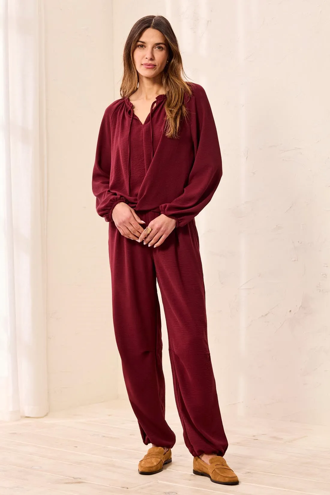 Flowy Long Puff Sleeves Notch Neck Tie Front Blouse-Cherrylacquer sold by Tribal product image thumbnail 4