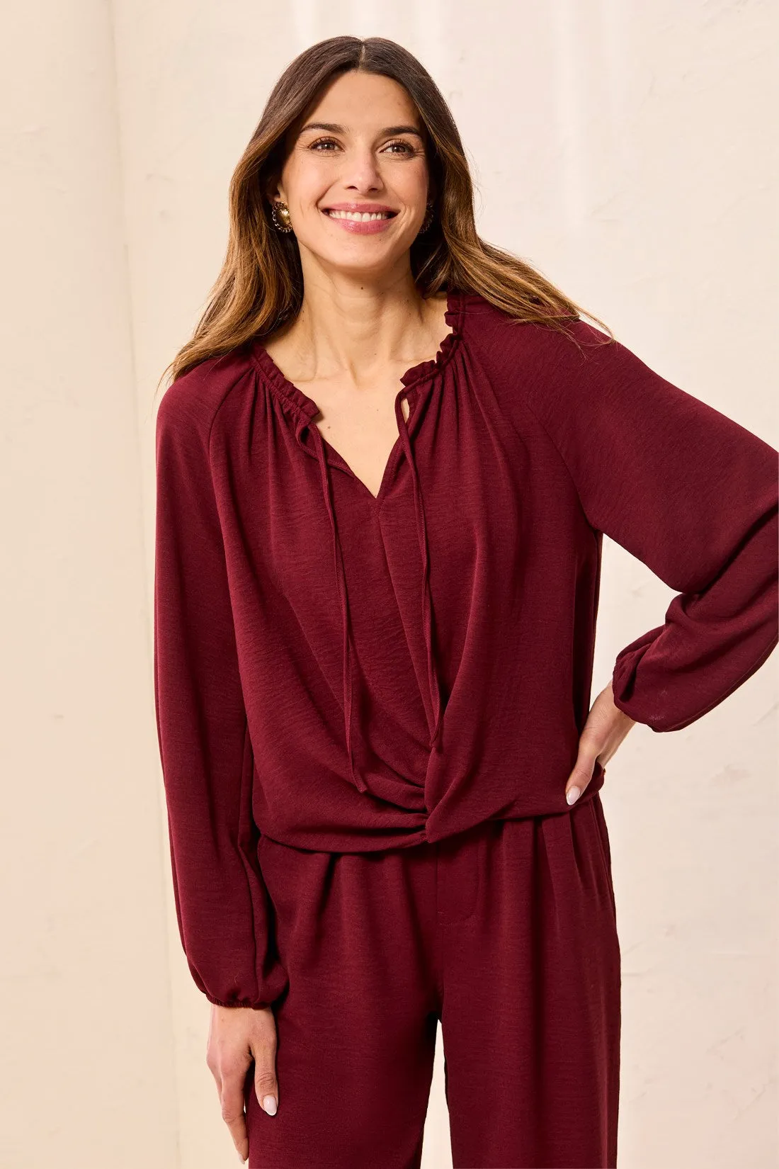Flowy Long Puff Sleeves Notch Neck Tie Front Blouse-Cherrylacquer sold by Tribal