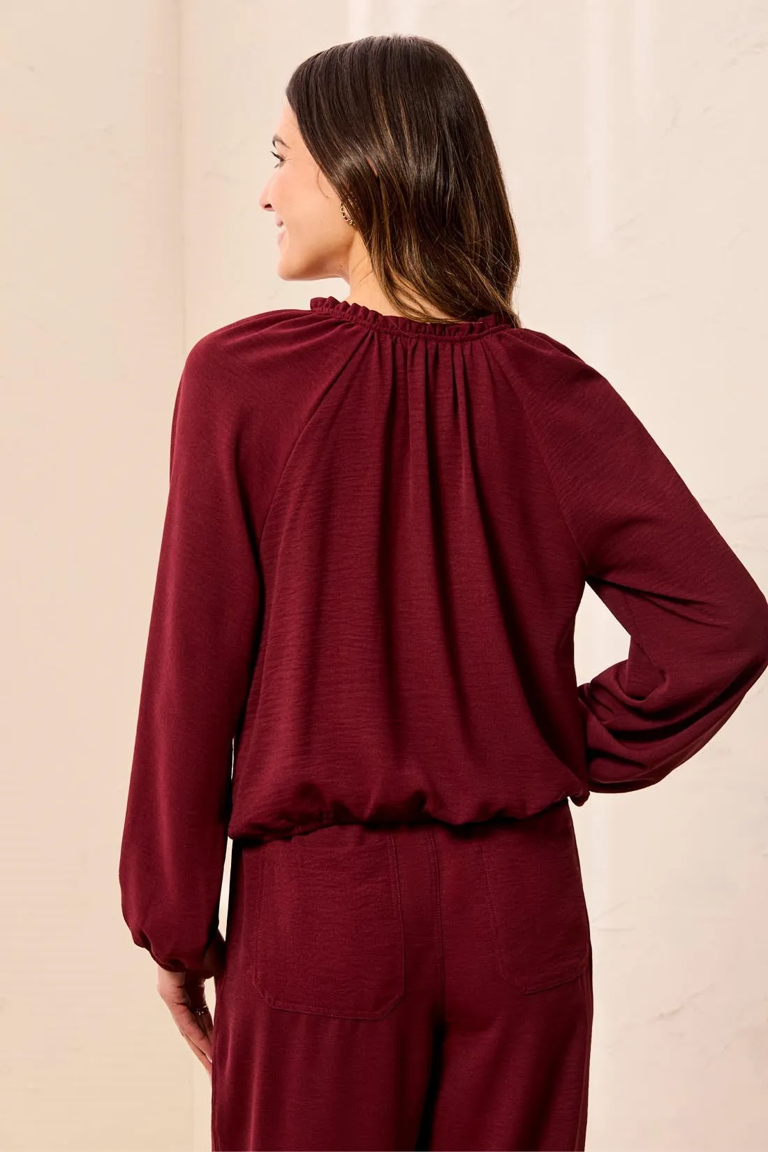 Flowy Long Puff Sleeves Notch Neck Tie Front Blouse-Cherrylacquer sold by Tribal product image thumbnail 2