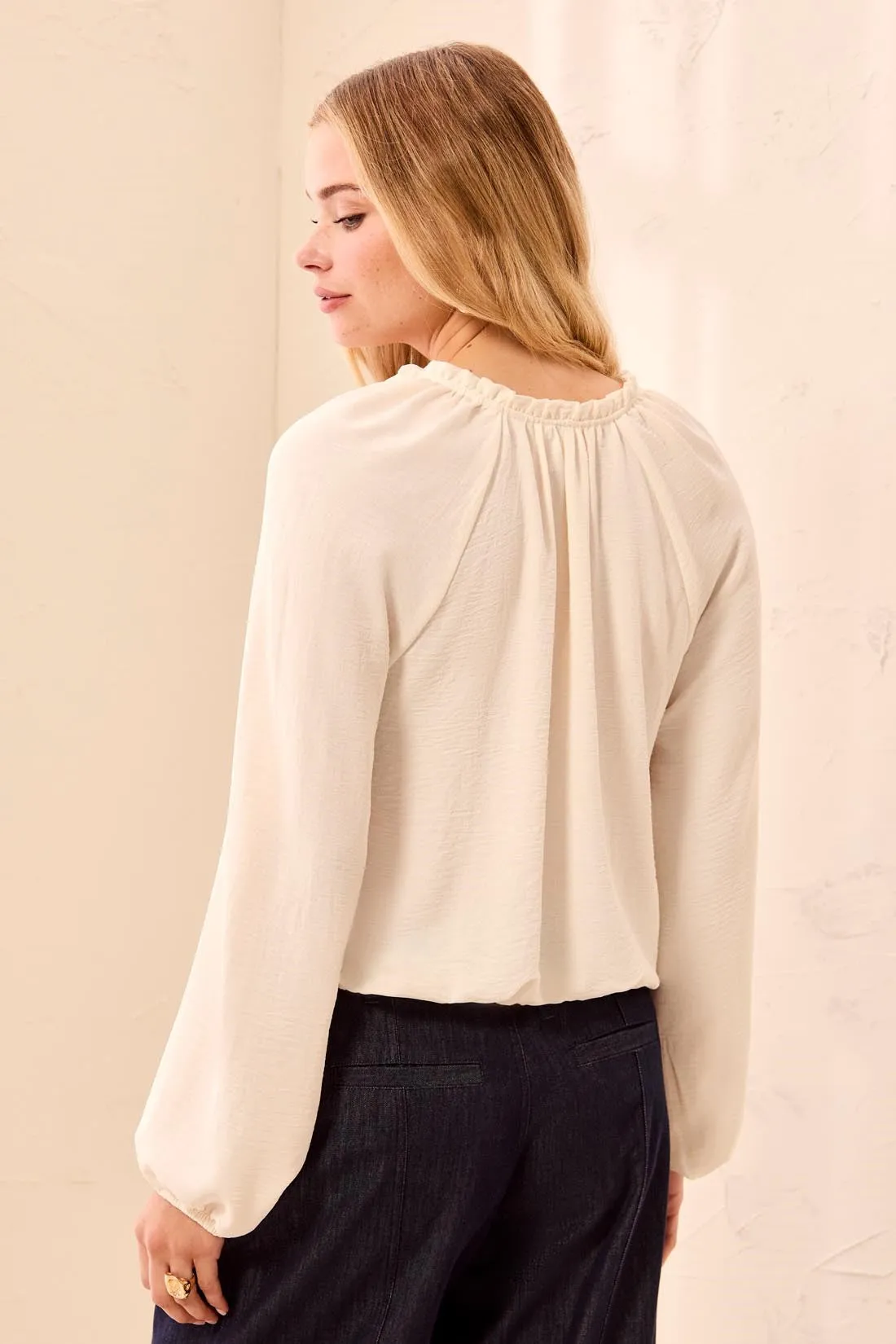 Flowy Long Puff Sleeves Notch Neck Tie Front Blouse-Cream sold by Tribal product image thumbnail 3