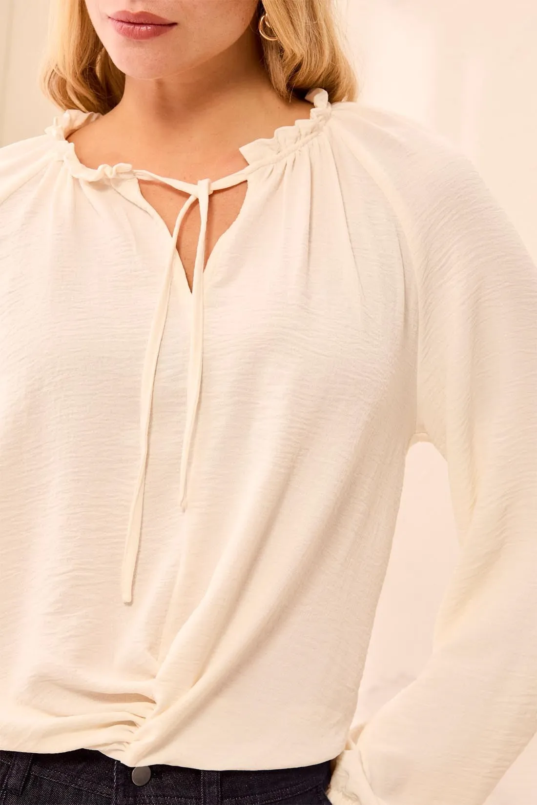 Flowy Long Puff Sleeves Notch Neck Tie Front Blouse-Cream sold by Tribal product image thumbnail 4