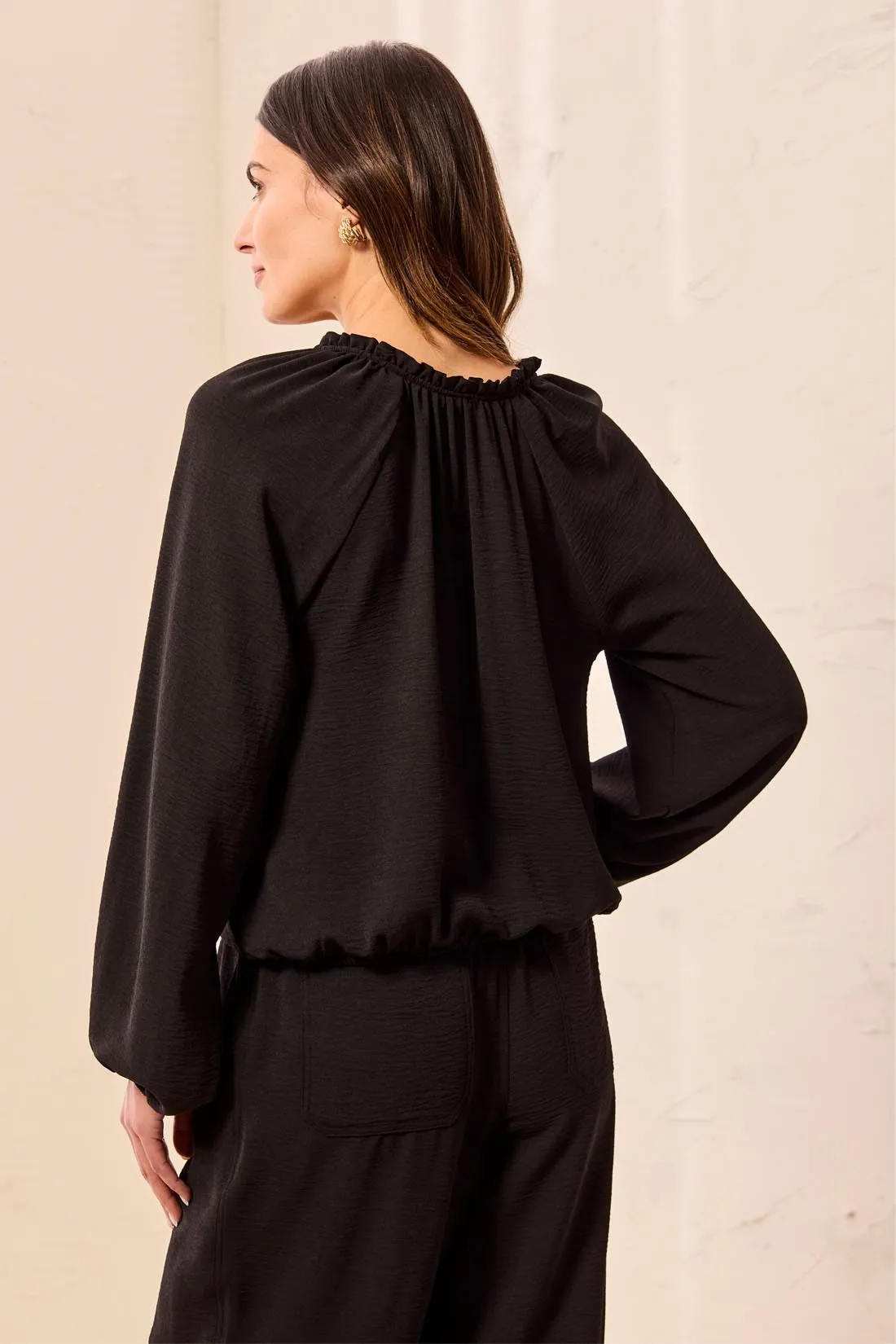 Flowy Long Puff Sleeves Notch Neck Tie Front Blouse-Black sold by Tribal product image thumbnail 4